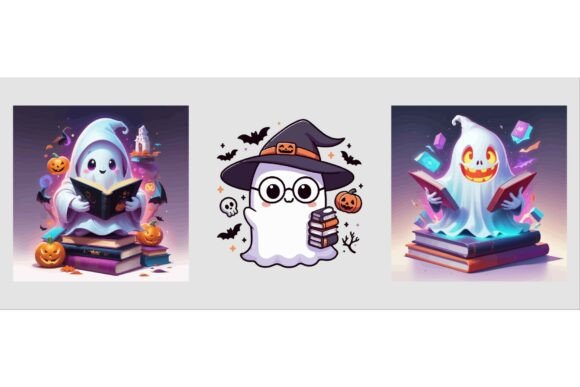 Vector Art of Cute Ghosts Reading Books: A Trend in Playful Halloween Design